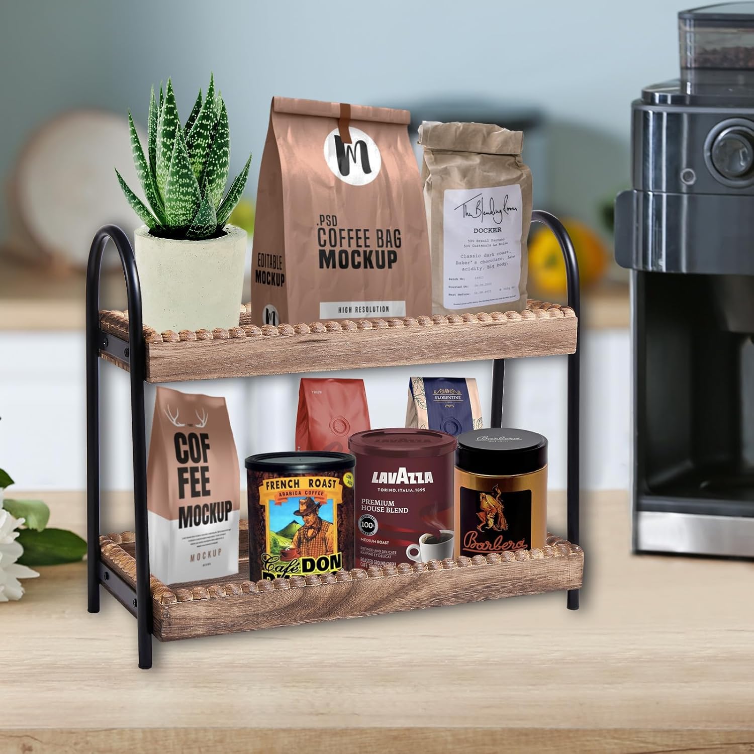 Bathroom Countertop Organizer, 2 Tier Vanity Organizer and Storage for Cosmetic Skincare Perfume, Wood Bead Storage Shelf for Bathroom Kitchen Coffee Station