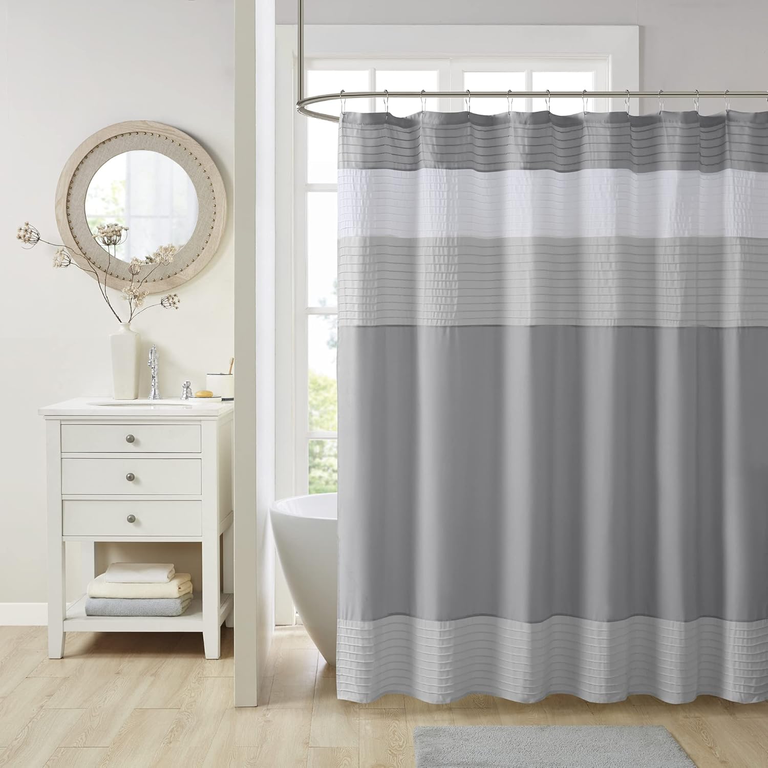 Windsor Bathroom Shower Pieced Ruffle Pattern Modern Elegant Microfiber Fabric Bath Curtains, 72x72, Gray