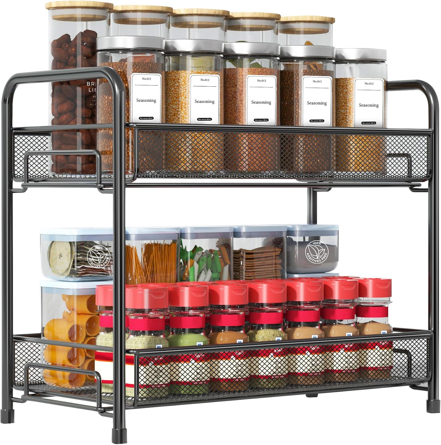 Spice Rack Organizer for Countertop,Xpatee 2-Tier Foldable Metal Rust-Proof Standing Large Seasoning Storage Shelf with Guardrail and Mesh Design for Kitchen Cabinet Bathroom Living Room Pantry, Black